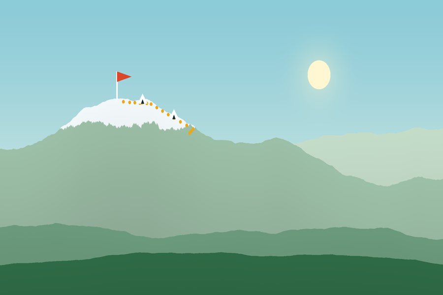 Sunny green mountain with a dotted trail to a summit flag
