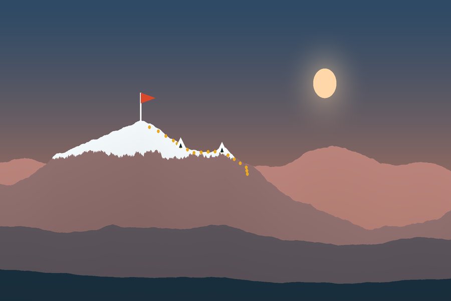 Mountain ridge at sunset with a dotted trail to a flag