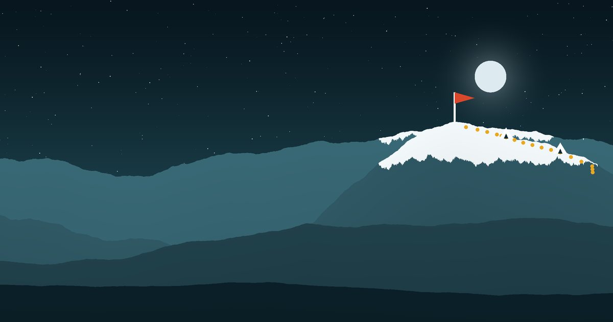 Snow-capped peak under a starry sky with a trail and a flag